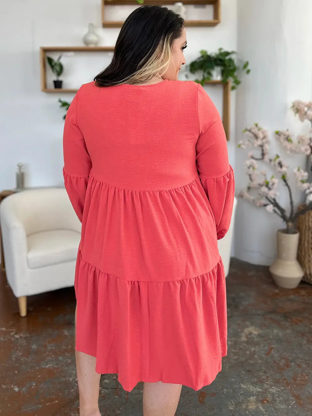 Garden Naked Double Take Full Size V-Neck Balloon Sleeve Tiered Dress with Pockets