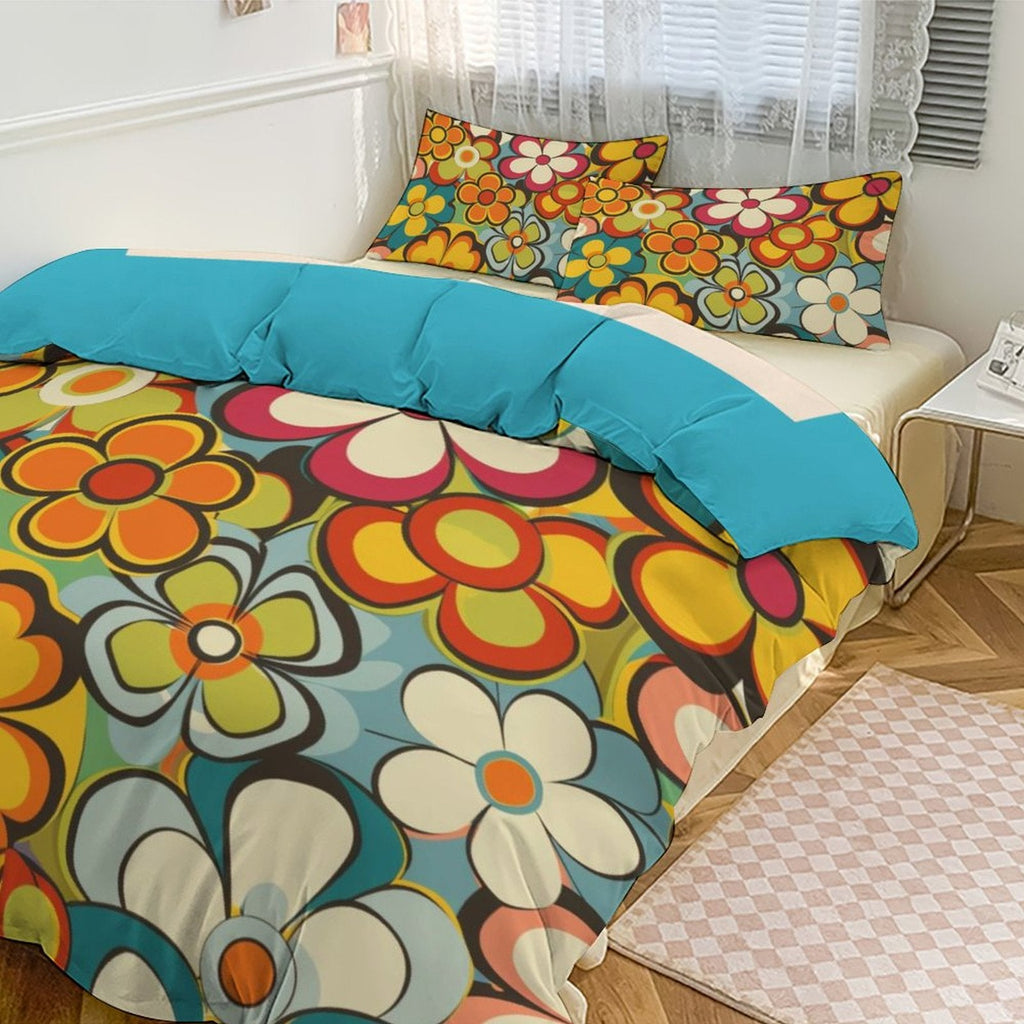 Groovy Floral Hippie Reversible 3-Piece Bedding Set (1 Duvet Cover + 2 Pillow Shams) – 102"×90"