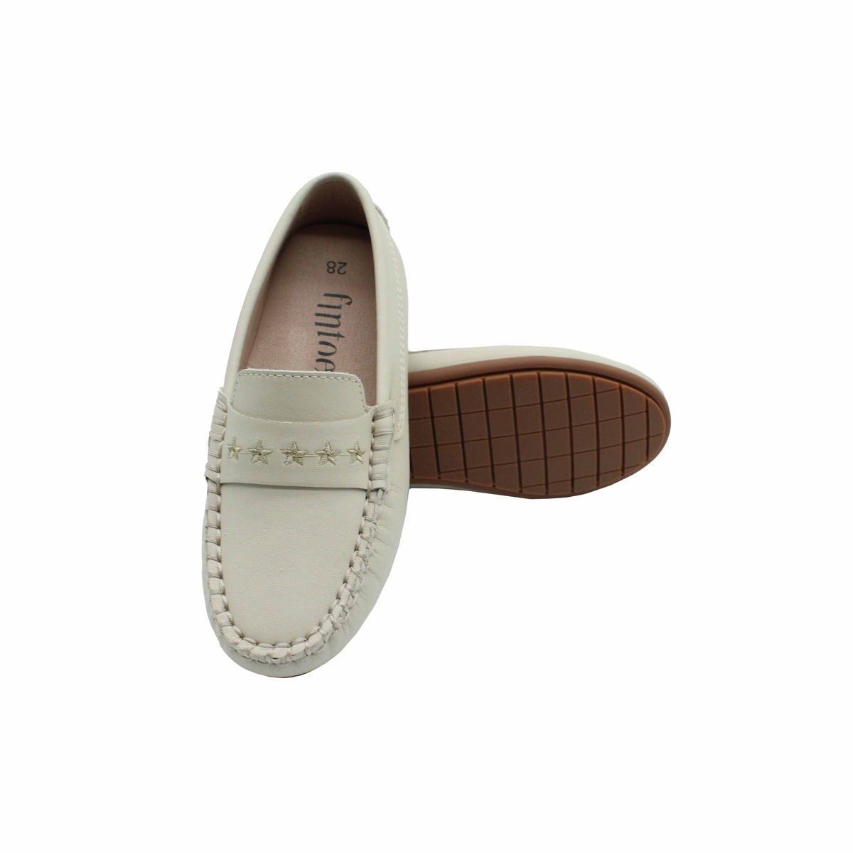 Fintoes Kids' Beige Leather Penny Loafers, Star Embroidery