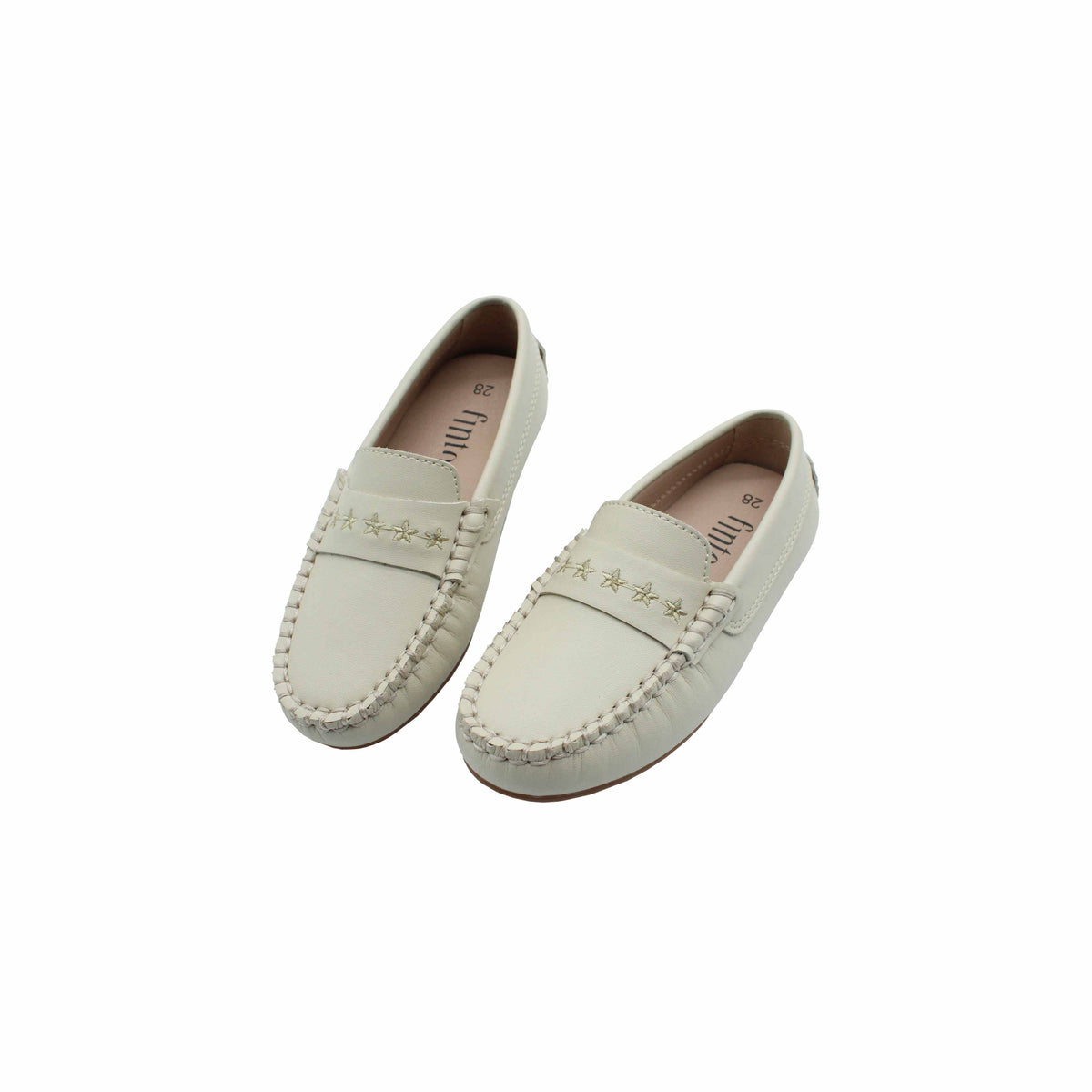 Fintoes Kids' Beige Leather Penny Loafers, Star Embroidery