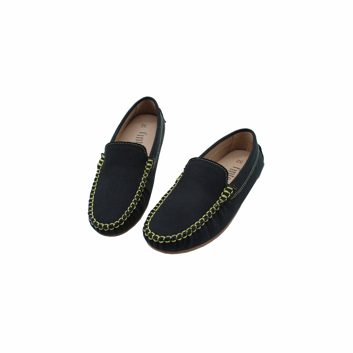 Fintoes Kids' Black Leather Loafers, Yellow Stitching