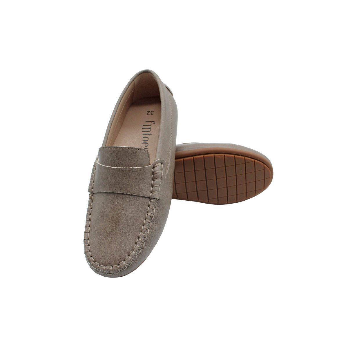 Fintoes Kids' Dark Taupe Leather Penny Loafers, Heeled