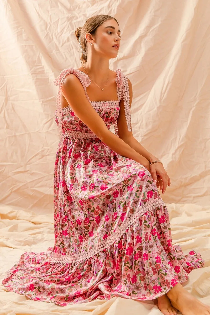 Garden Naked SO ME Floral Maxi Dress With Ribbon Tie Lace Strap