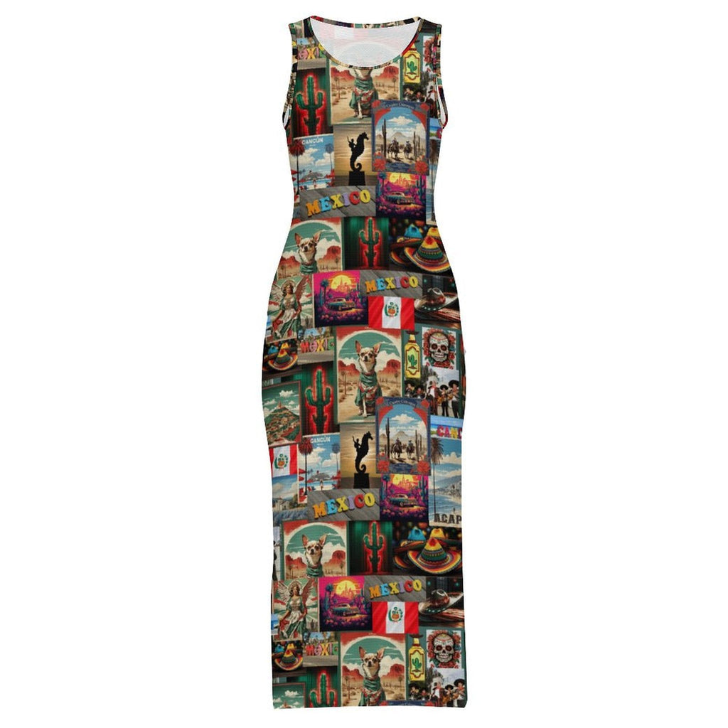 Colores De Mexico Destination Mexico Sleeveless Bodycon Side Slit Long Dress