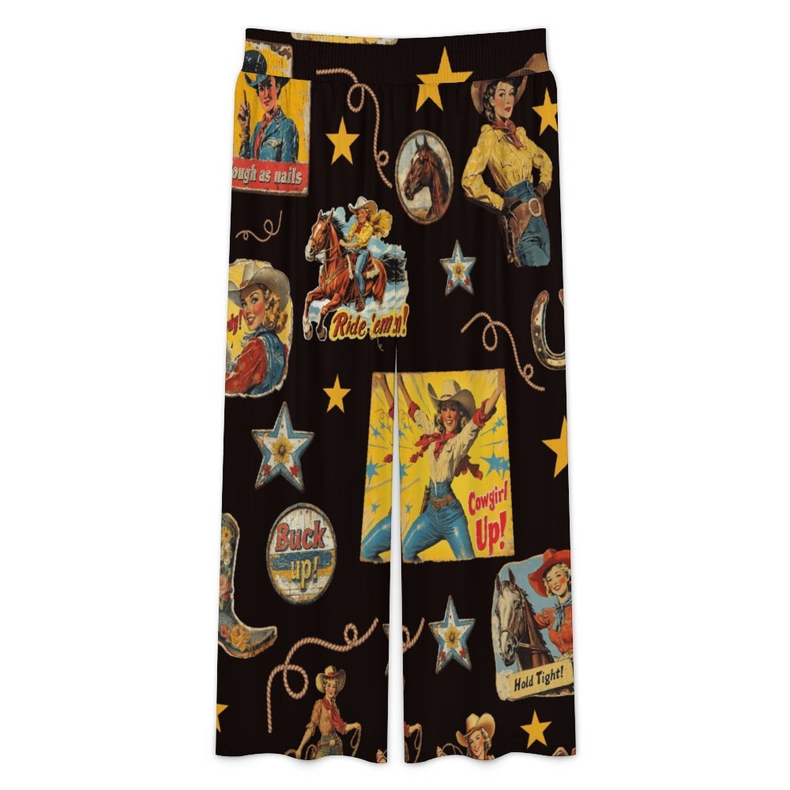 Baha Ranch Vintage Cowgirl Collage High Waisted Wide Leg Pants Inclusive Sizing