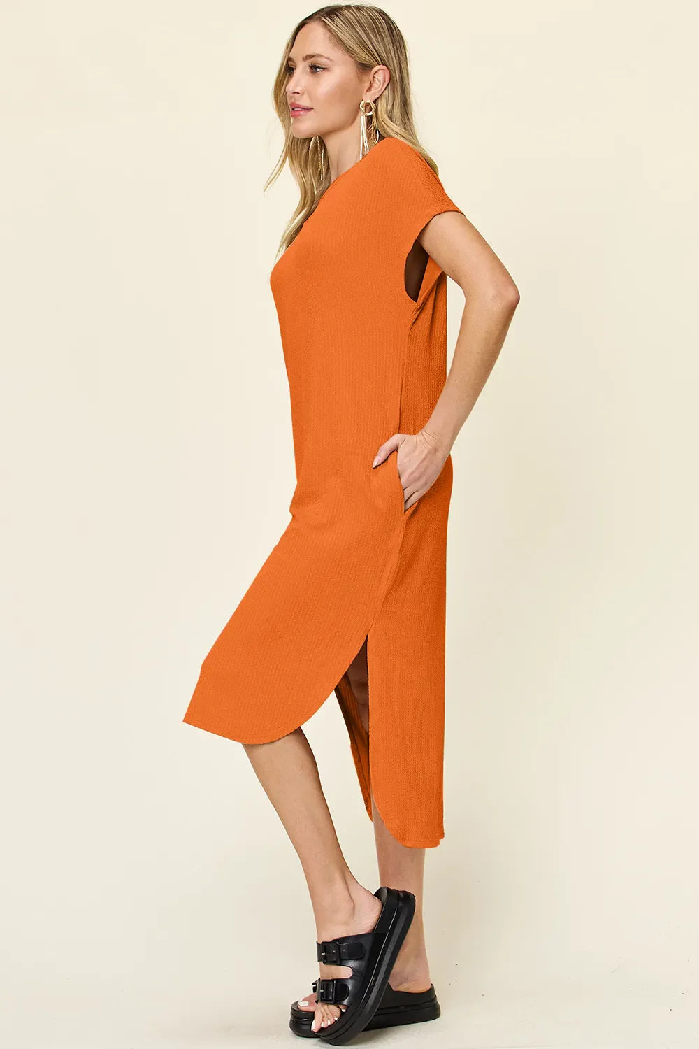 Garden Naked Double Take Full Size Round Neck Short Sleeve Slit Dress