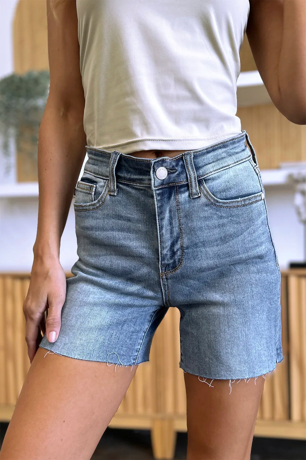 Garden Naked Judy Blue Full Size High Waist Raw Hem Denim Shorts