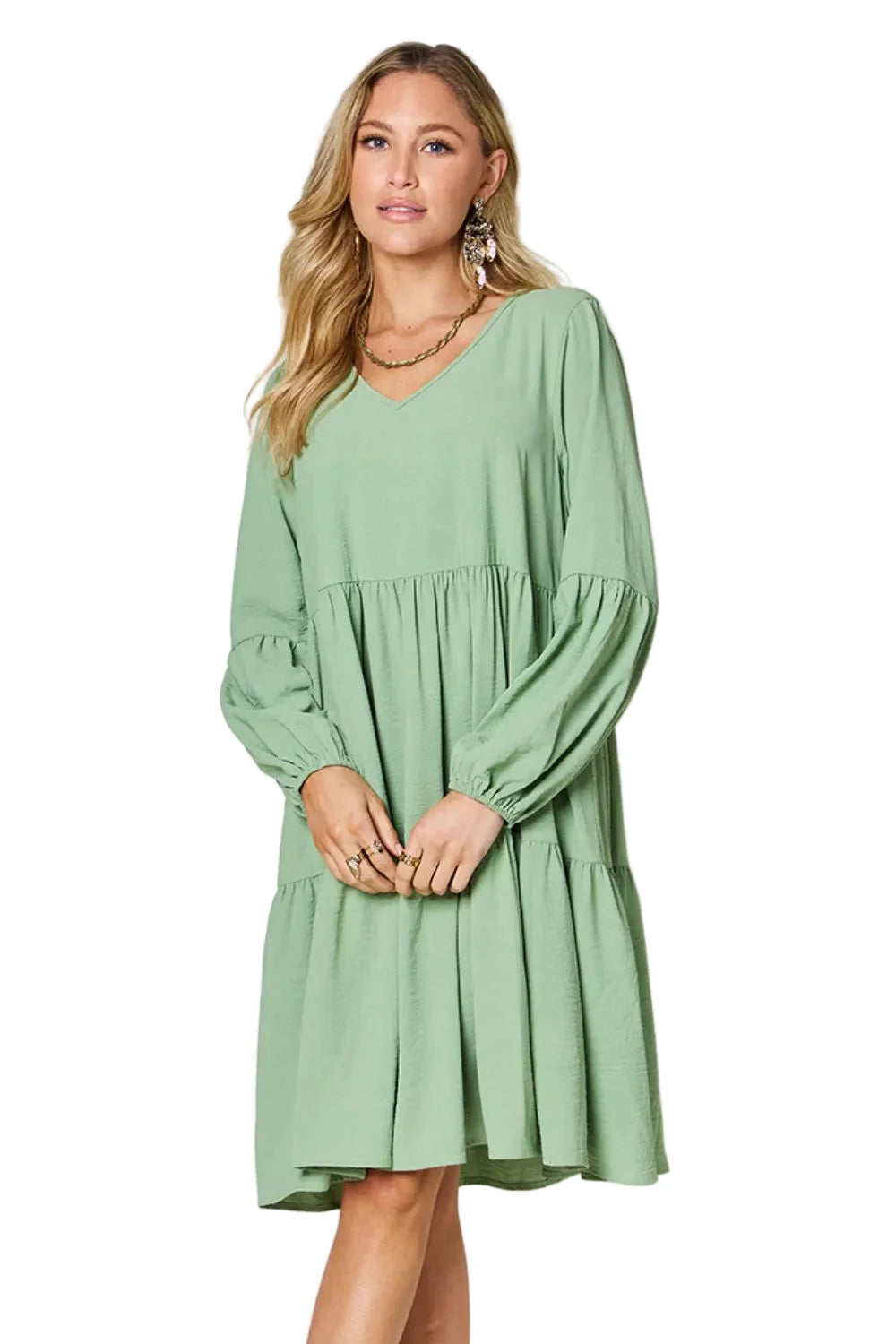 Garden Naked Double Take Full Size V-Neck Balloon Sleeve Tiered Dress with Pockets