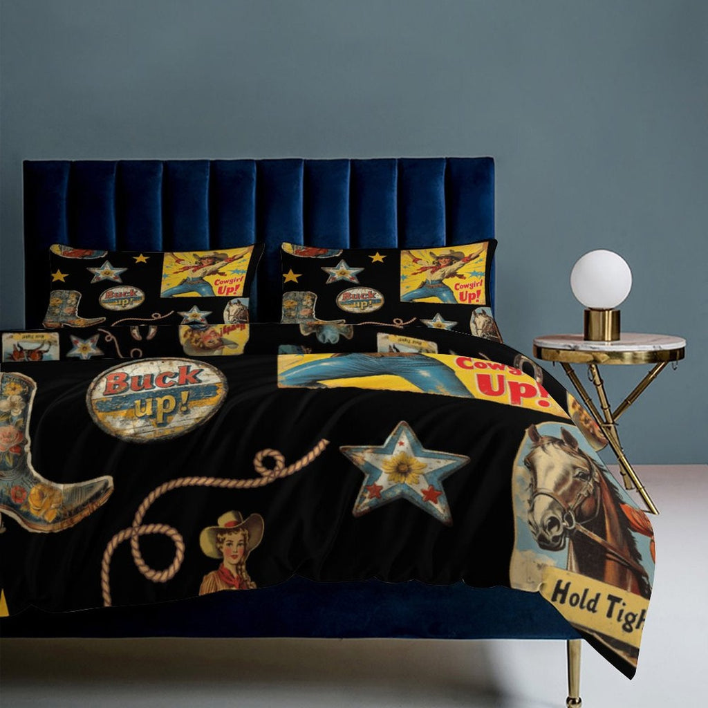 Vintage Cowgirl Collage Design 3-Piece Bedding Set (1 Duvet Cover + 2 Pillow Shams) – 102"×90"