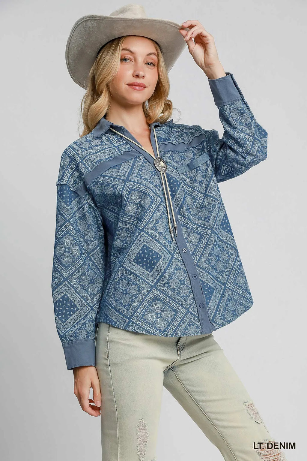 Garden Naked Umgee Paisley Print Denim Shirt Jacket