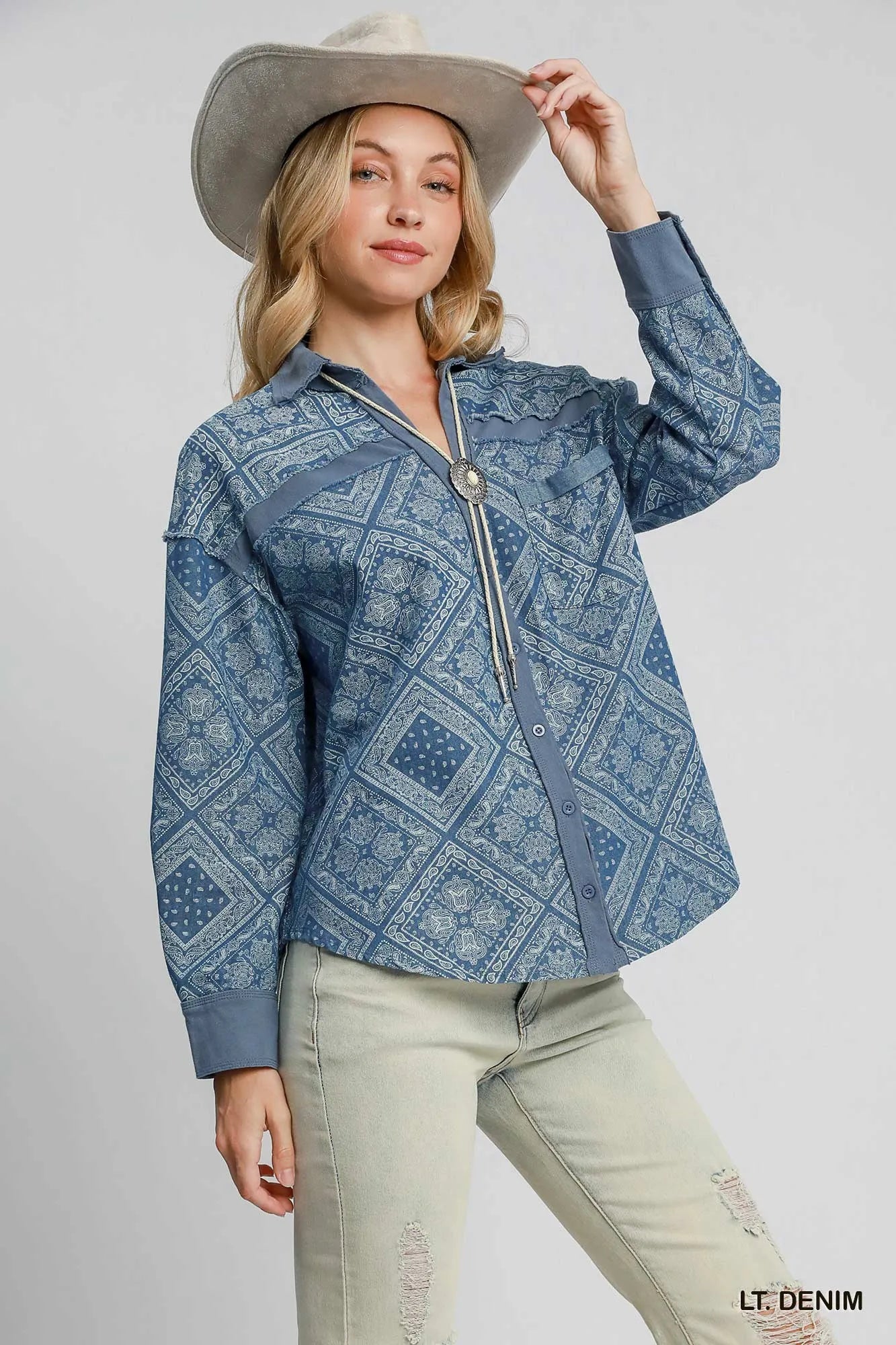 Garden Naked Umgee Paisley Print Denim Shirt Jacket