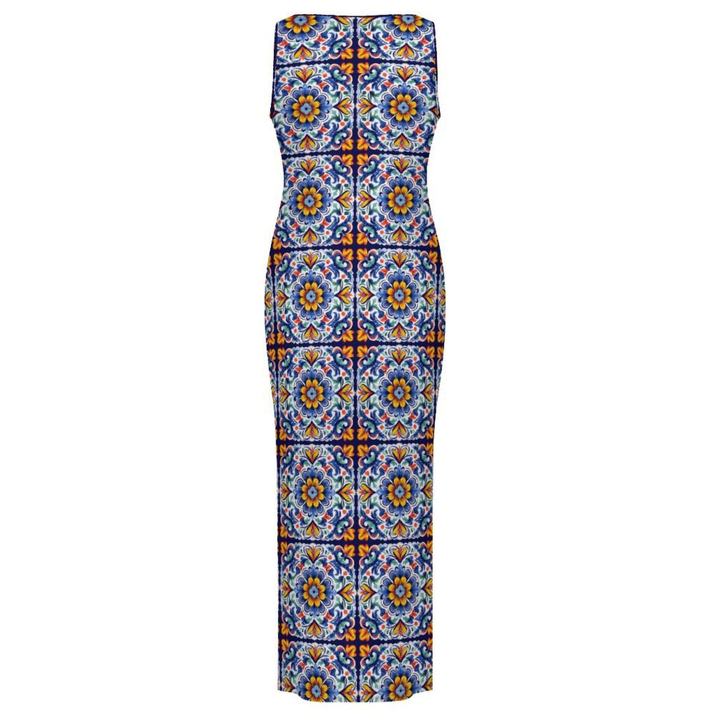 Colores de Mexico Talavera Sleeveless Bodycon Side Slit Long Dress