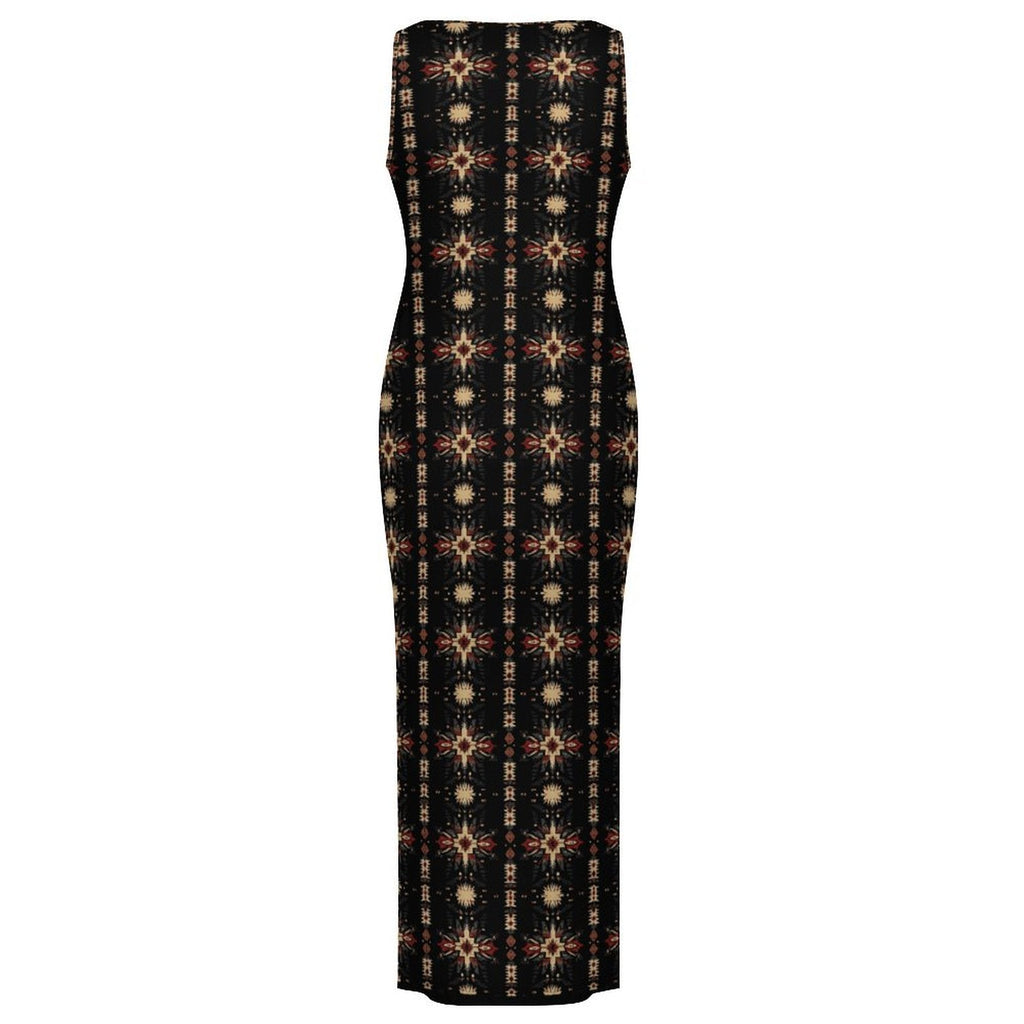 Black and Tan Aztec Sleeveless Bodycon Side Slit Maxi Dress