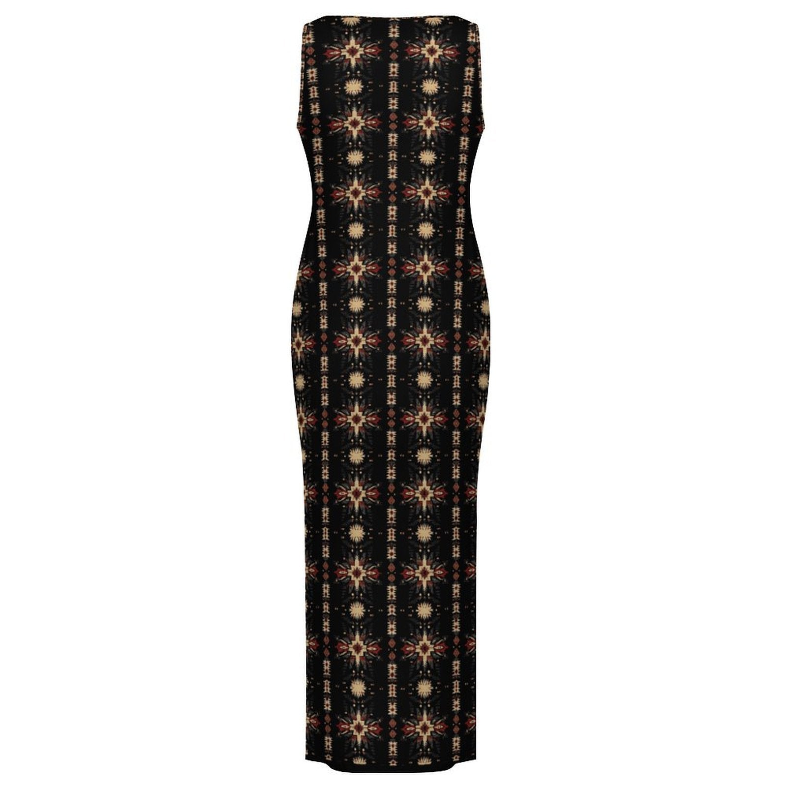 Black and Tan Aztec Sleeveless Bodycon Side Slit Maxi Dress
