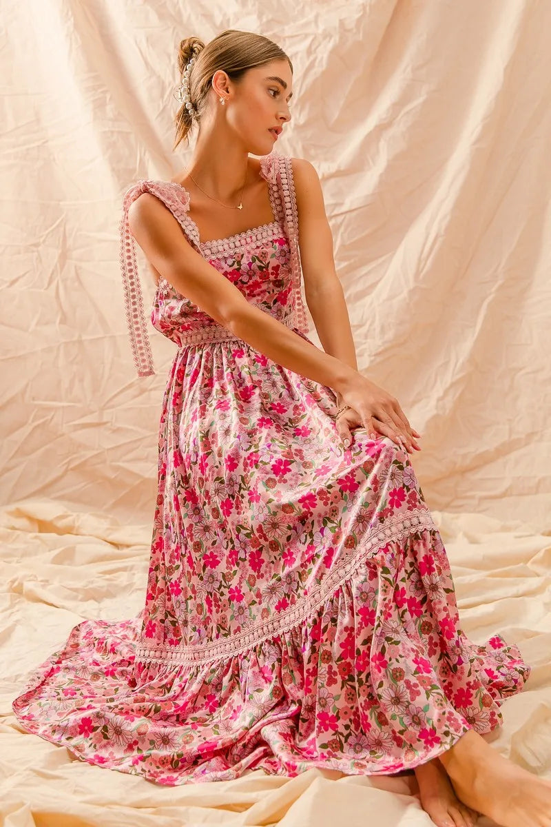 Garden Naked SO ME Floral Maxi Dress With Ribbon Tie Lace Strap