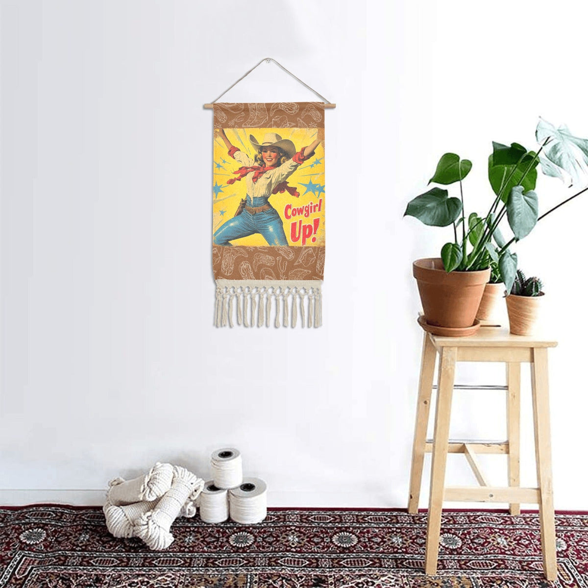 Cowgirl Up Vintage Western Wall Decor Linen Hanging Poster with Fringe Made in America