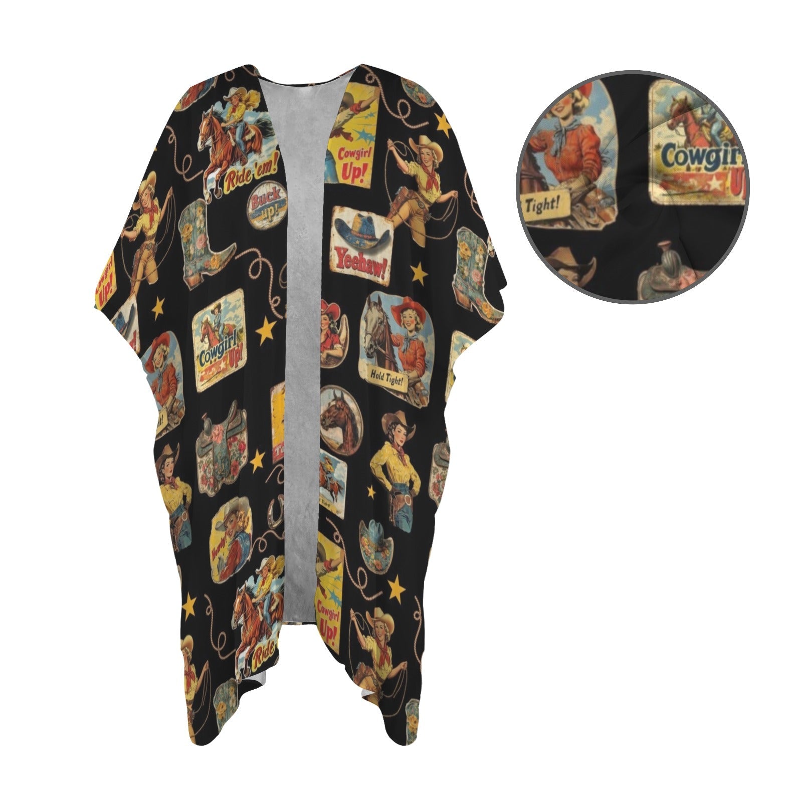 Vintage Cowgirl Collage Kimono Coverup Duster