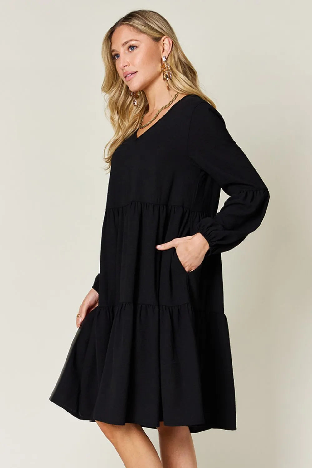 Garden Naked Double Take Full Size V-Neck Balloon Sleeve Tiered Dress with Pockets