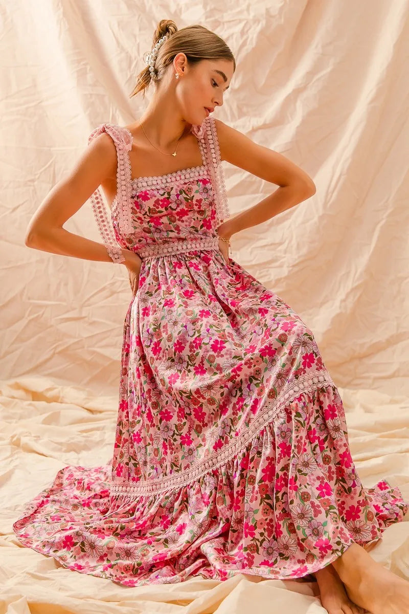 Garden Naked SO ME Floral Maxi Dress With Ribbon Tie Lace Strap