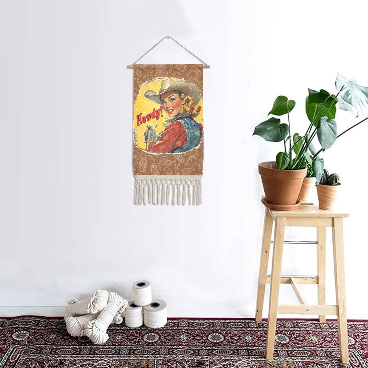 Howdy Vintage Cowgirl Western Wall Decor Linen Hanging Poster with Fringe Made in America