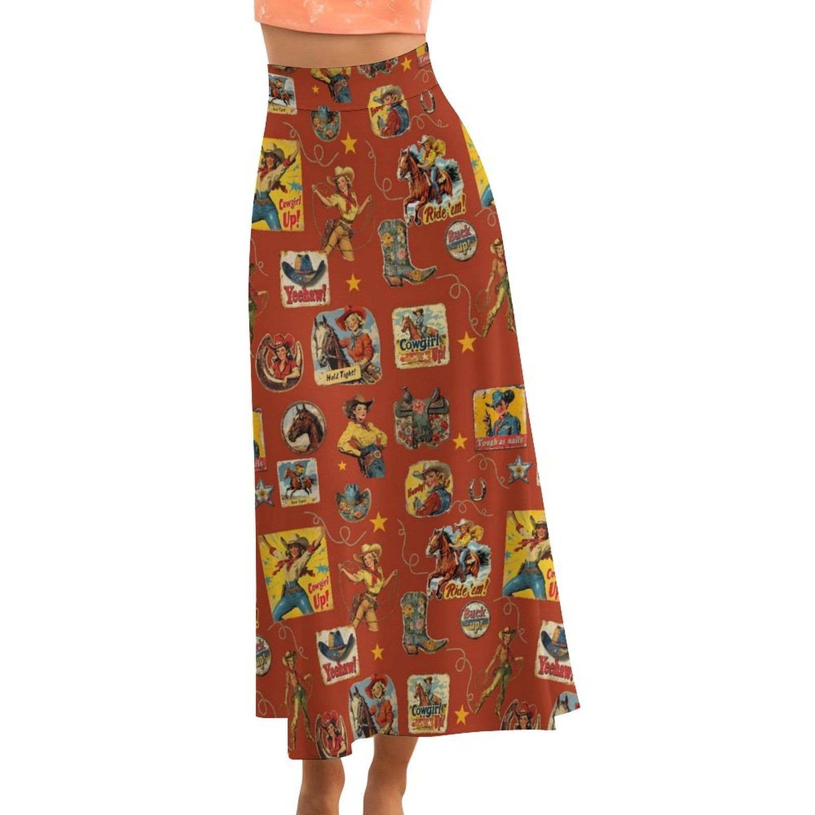 Vintage Cowgirl Collage Western Maxi Skirt