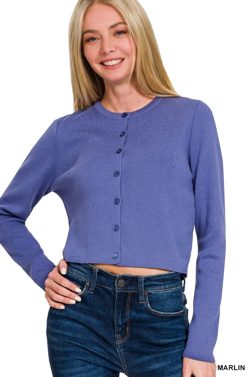 Garden Naked Zenana Button-Front Crewneck Long Sleeve Cropped Cardigan