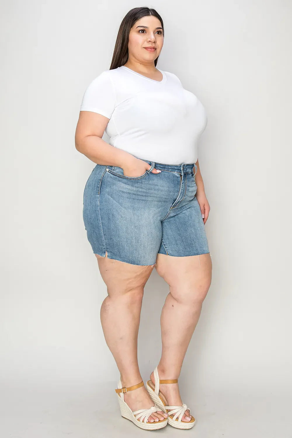 Garden Naked Judy Blue Full Size High Waist Raw Hem Denim Shorts