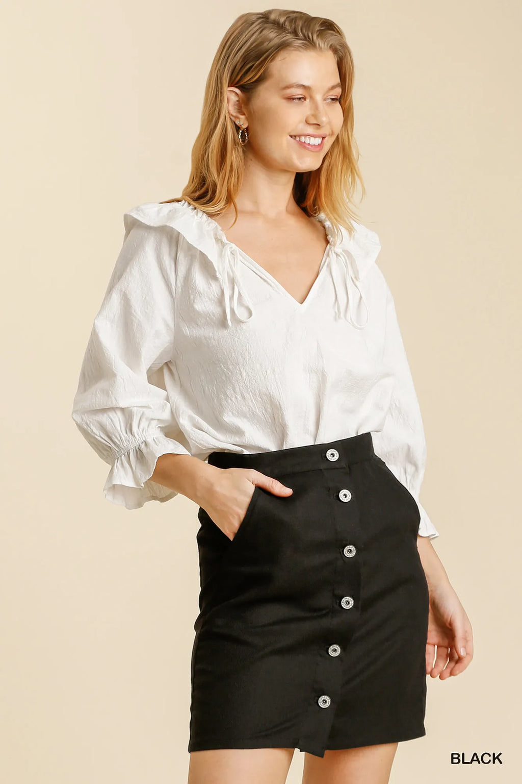 Garden Naked Umgee Linen Blend Button Down Skirt with Pockets
