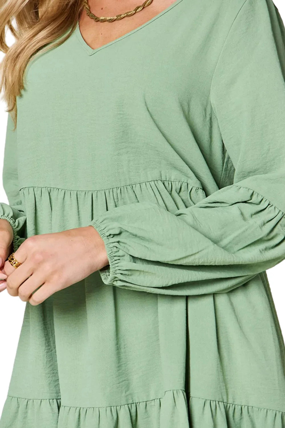 Garden Naked Double Take Full Size V-Neck Balloon Sleeve Tiered Dress with Pockets