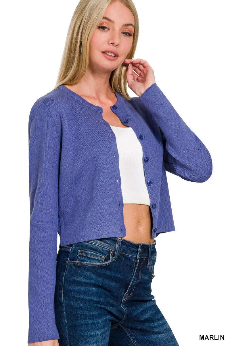 Garden Naked Zenana Button-Front Crewneck Long Sleeve Cropped Cardigan