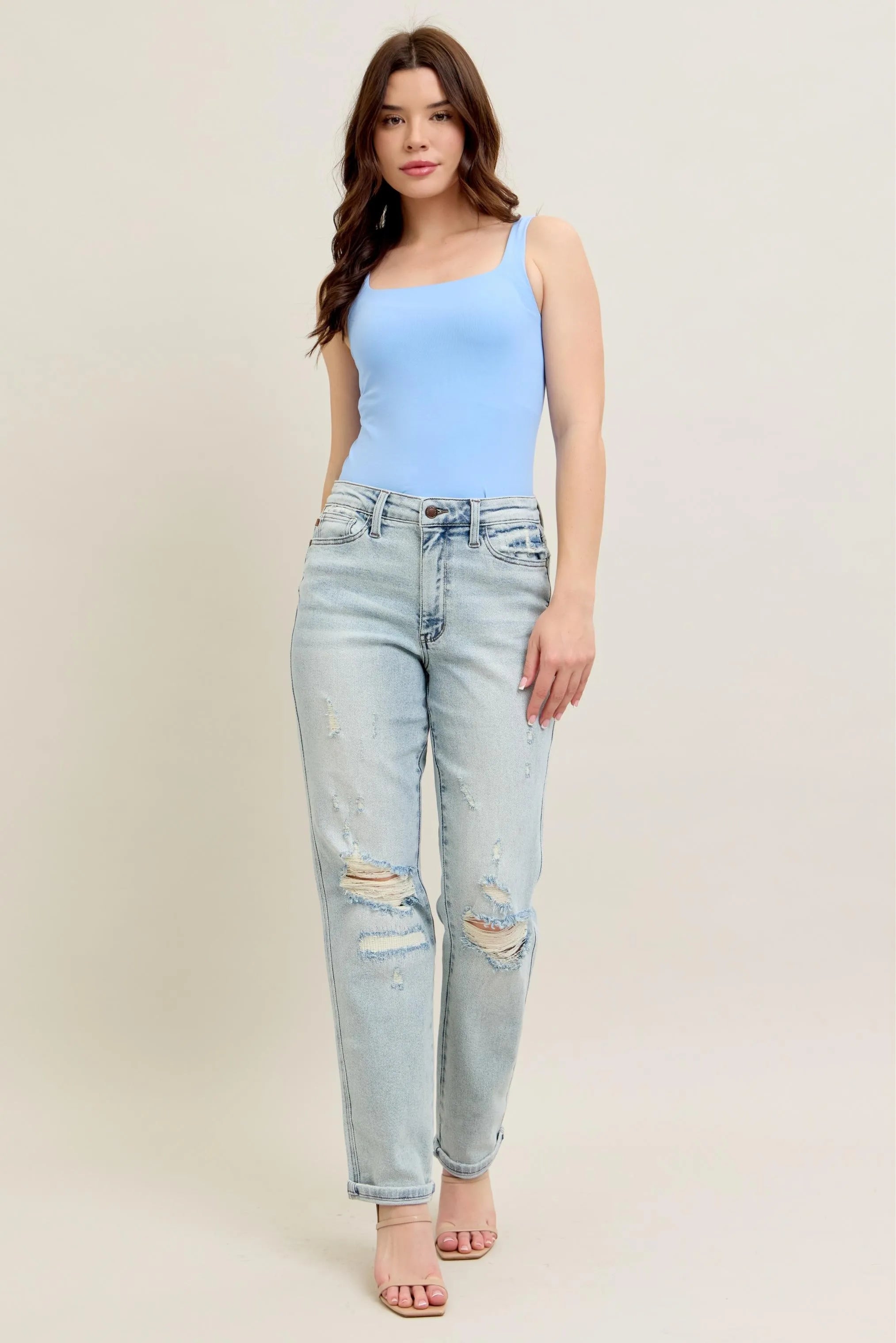 Garden Naked Judy Blue Full Size Mr Repair Stitch Detail Destroy Single Cuff Bf Jeans Plus Size