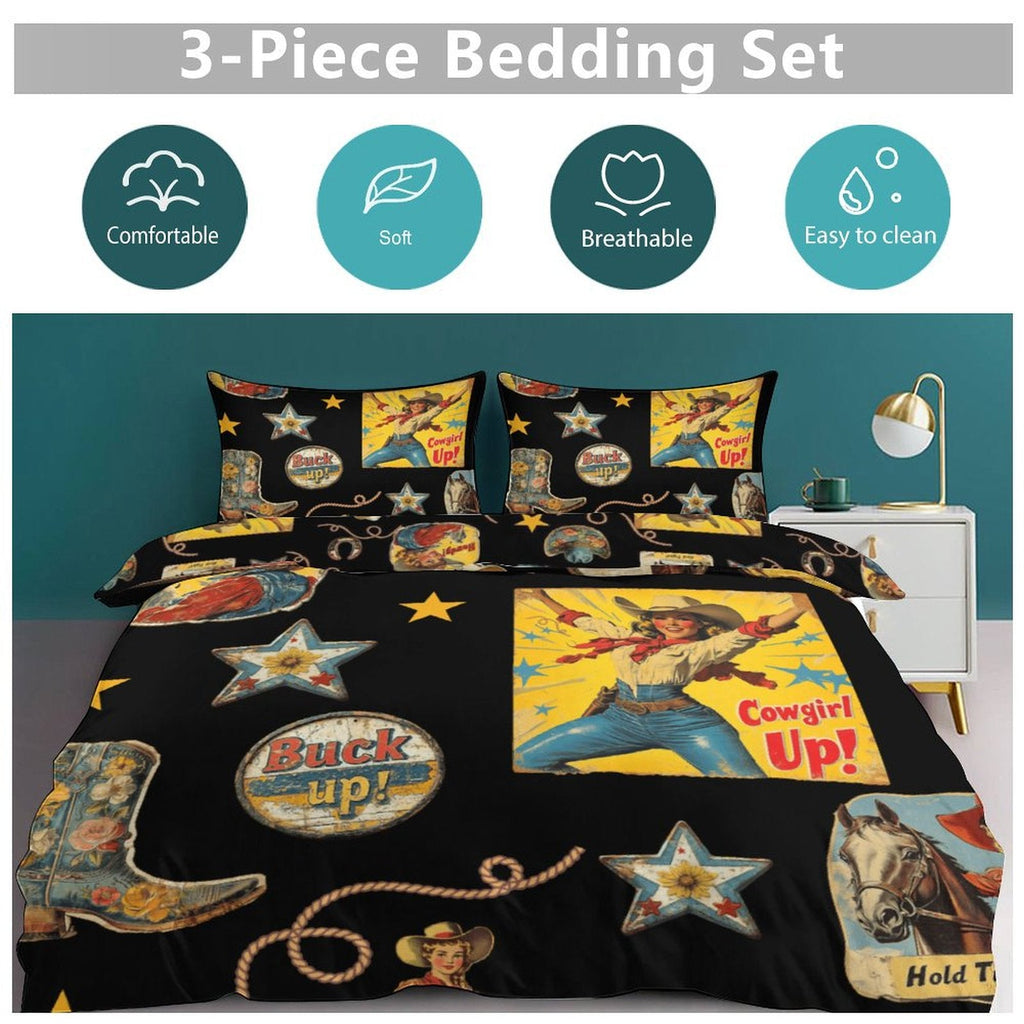 Vintage Cowgirl Collage Design 3-Piece Bedding Set (1 Duvet Cover + 2 Pillow Shams) – 102"×90"