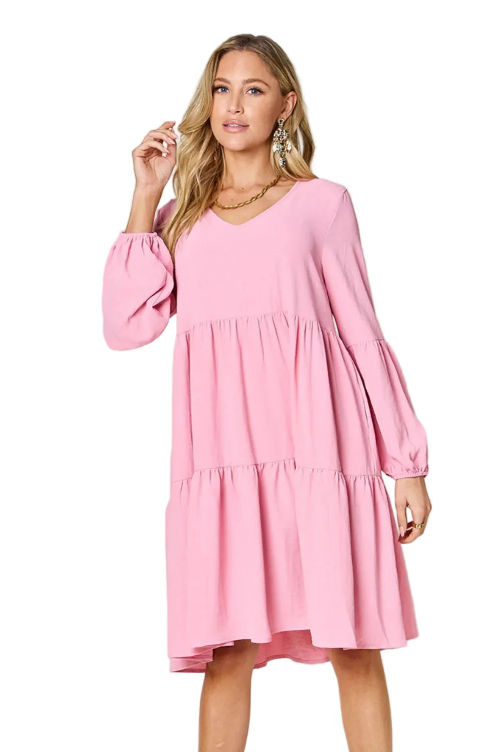 Garden Naked Double Take Full Size V-Neck Balloon Sleeve Tiered Dress with Pockets