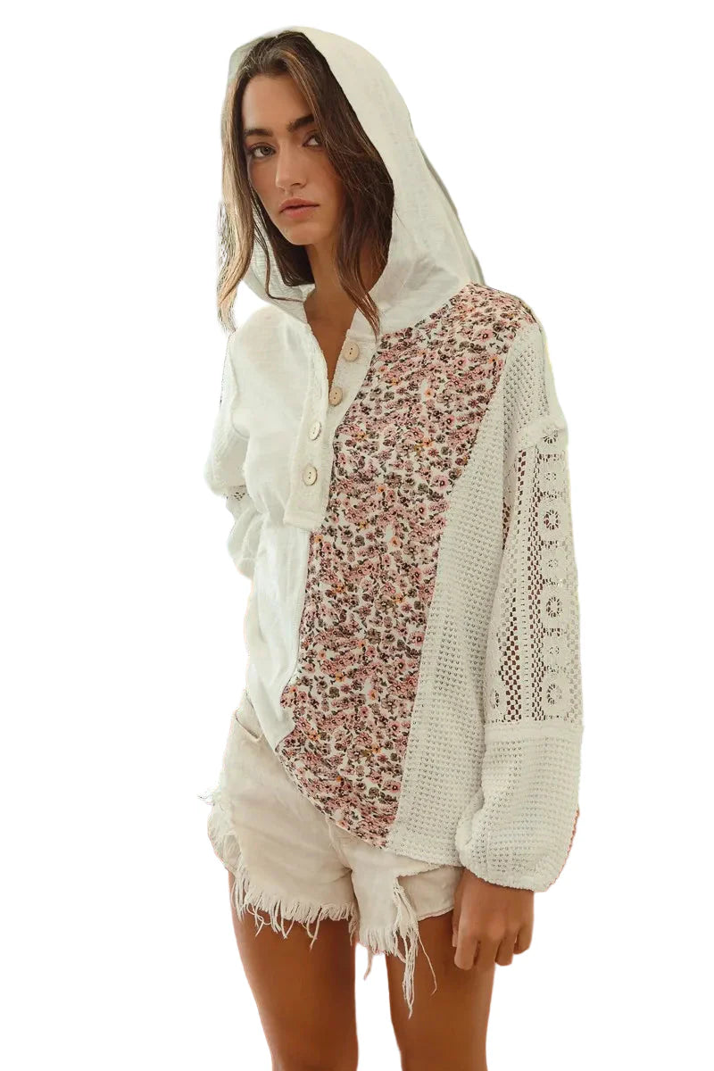 Garden Naked BiBi Slob Jersey with Lace Combo Buttoned Hoodie Top