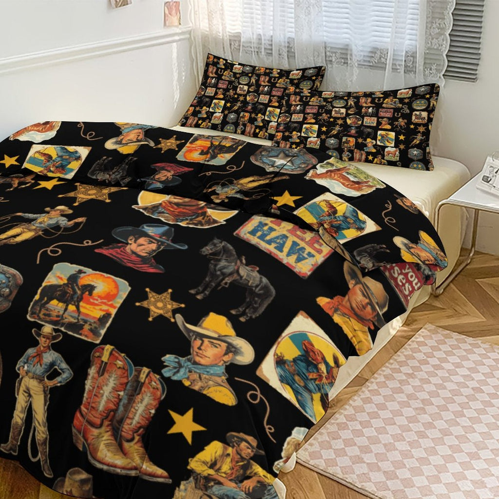 Vintage Cowboy Collage Design 3-Piece Bedding Set (1 Duvet Cover + 2 Pillow Shams) – 102"×90"