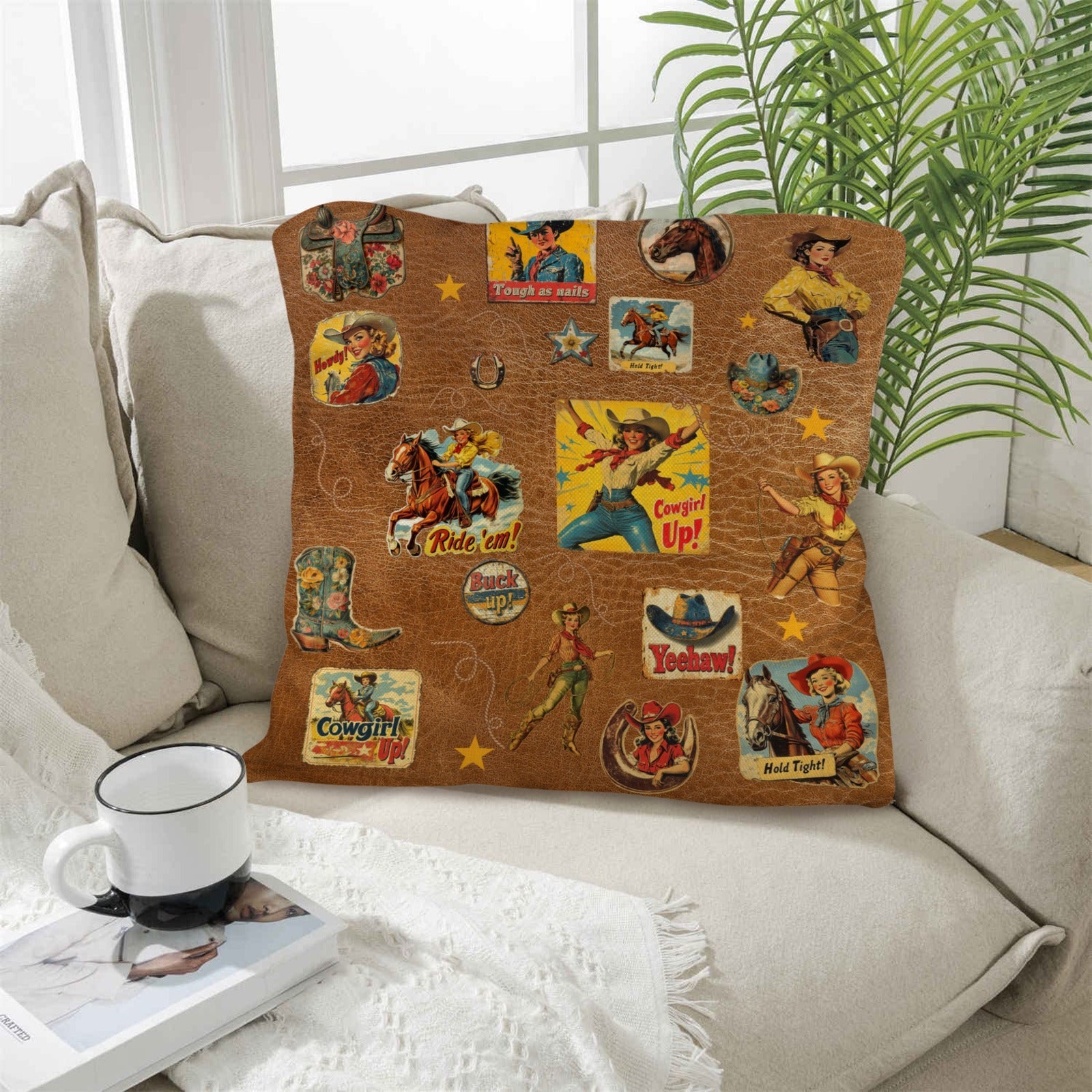 Vintage Cowgirl Collage Square Pillow Case 18x18 Made in America