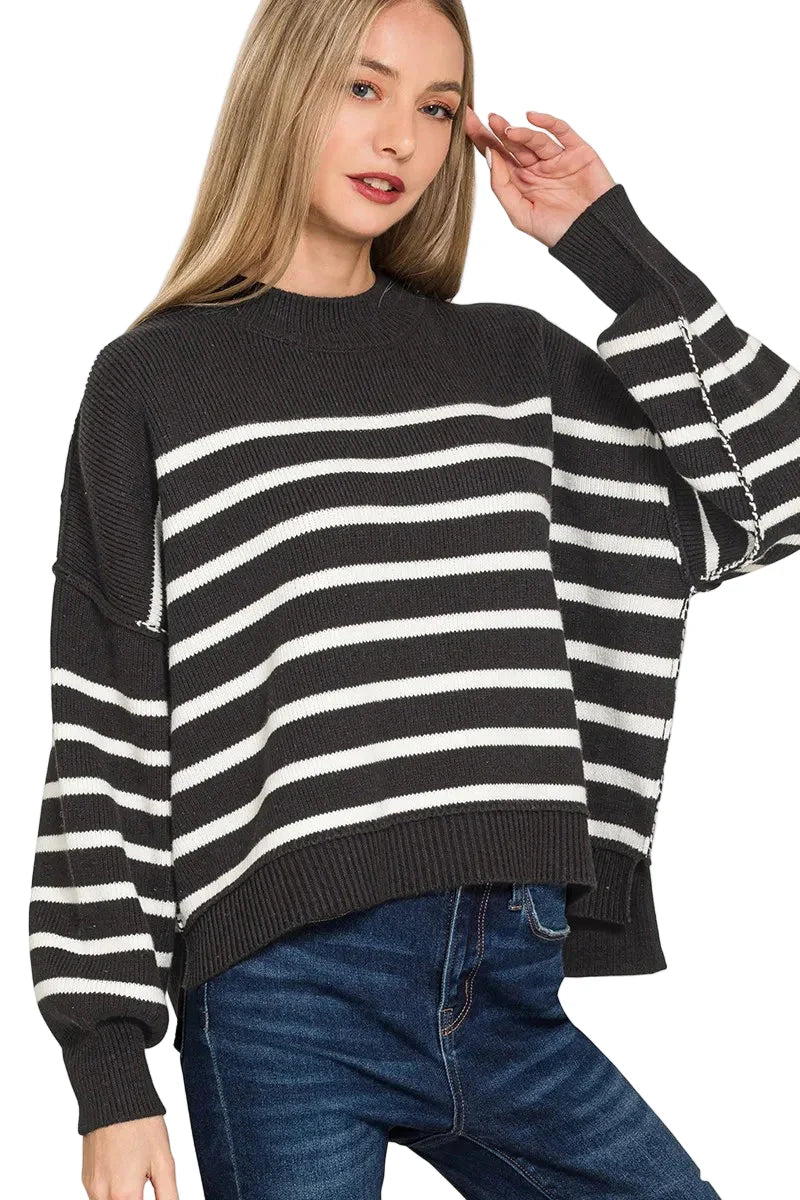Garden Naked Zenana Exposed Seam Striped Oversized Sweater