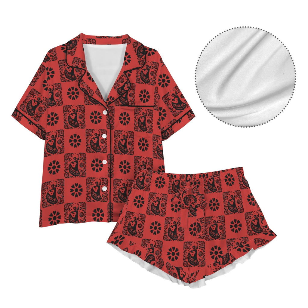 Colores de Mexico Red Flamenco Mexican Tile Talavera Floral Satin Pajamas