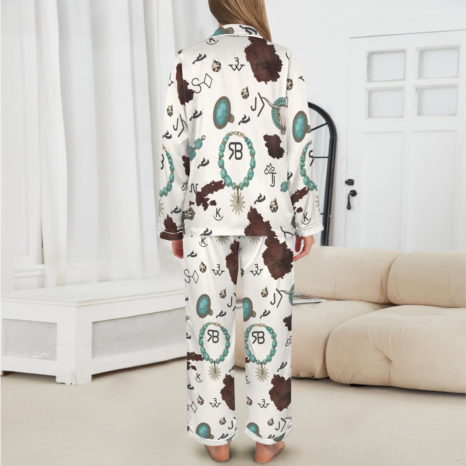 Brands & Turquoise Cowgirl Christmas Western Cowprint Satin Pajamas