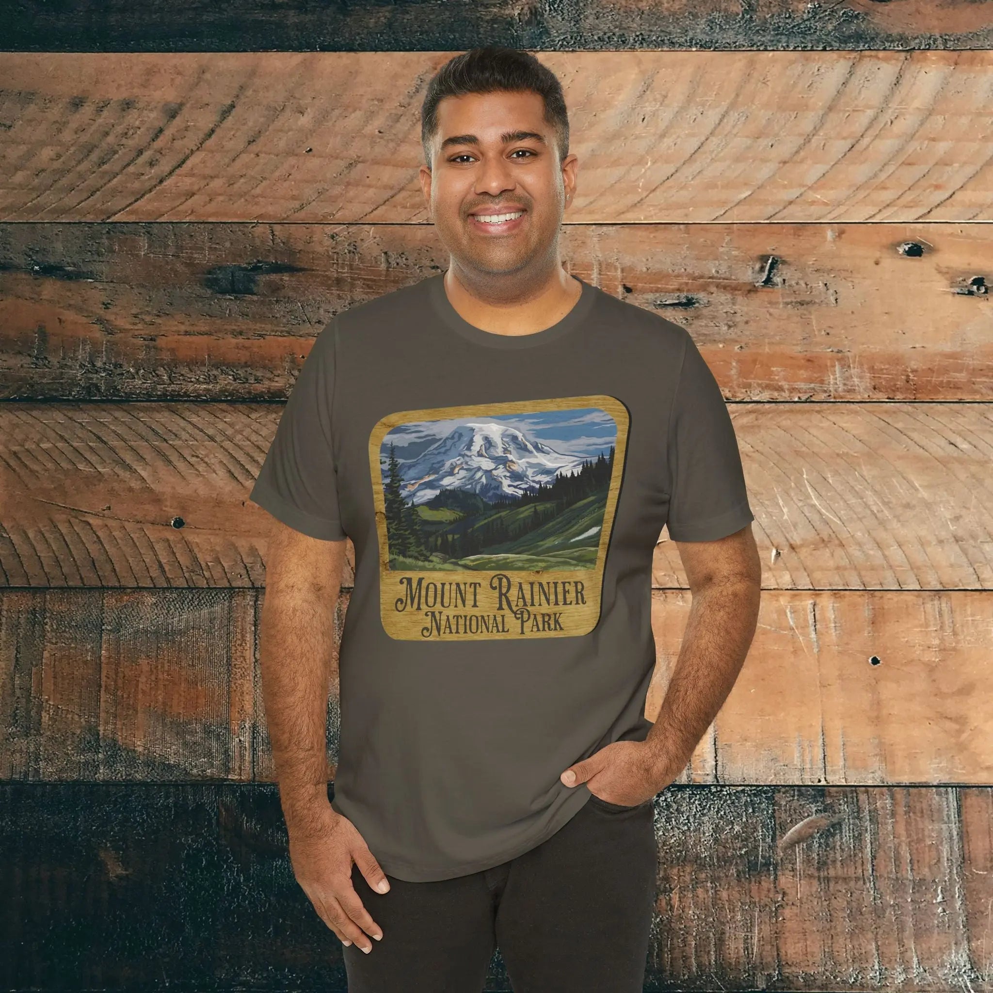 Mount Rainier National Park Unisex Fit Short Sleeve T-Shirt Wood Sign