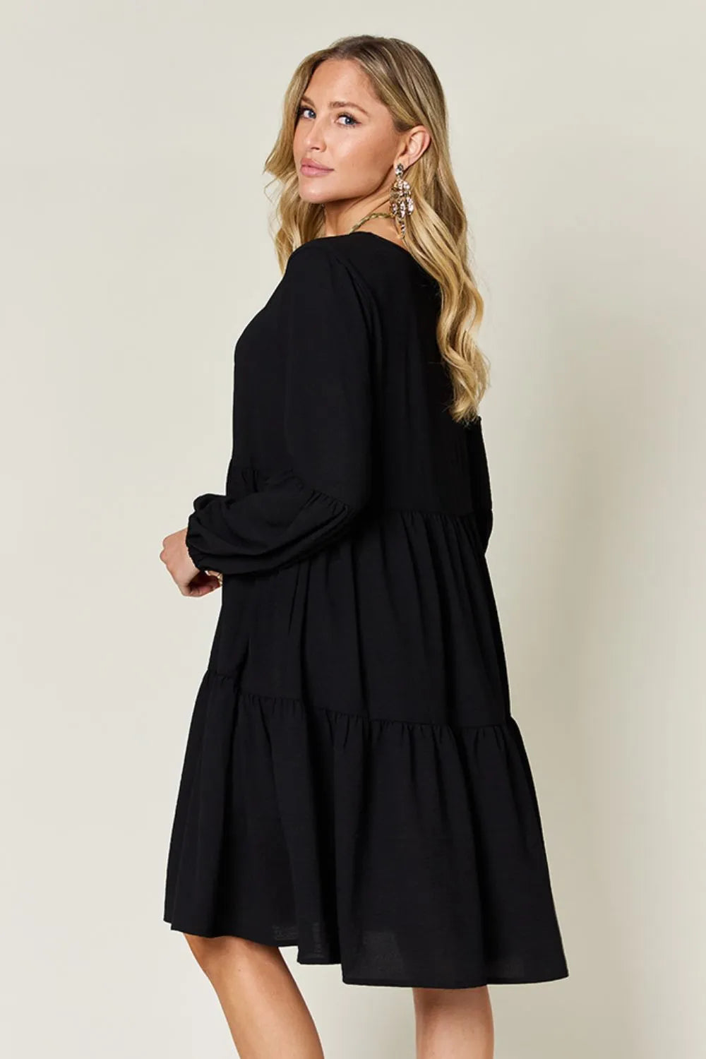 Garden Naked Double Take Full Size V-Neck Balloon Sleeve Tiered Dress with Pockets