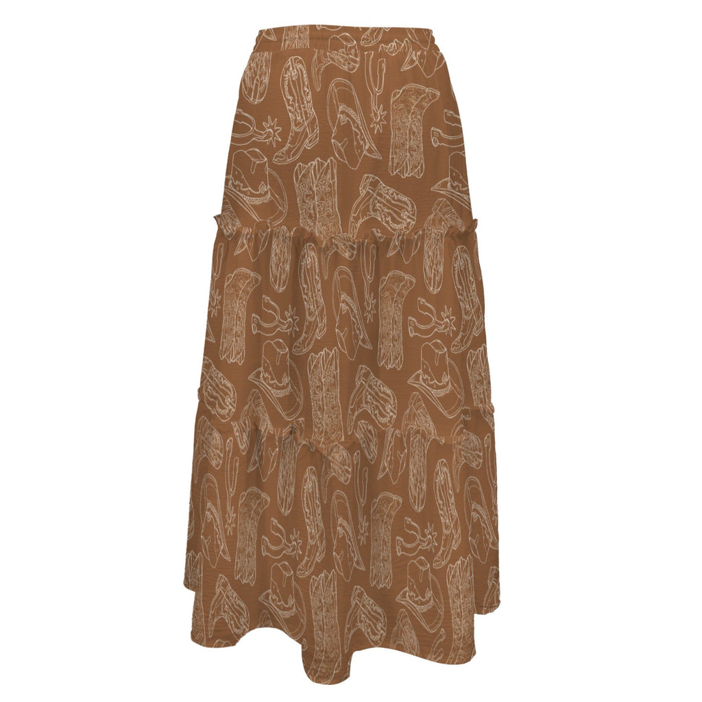Western Boot Print Tiered Prairie Maxi Skirt