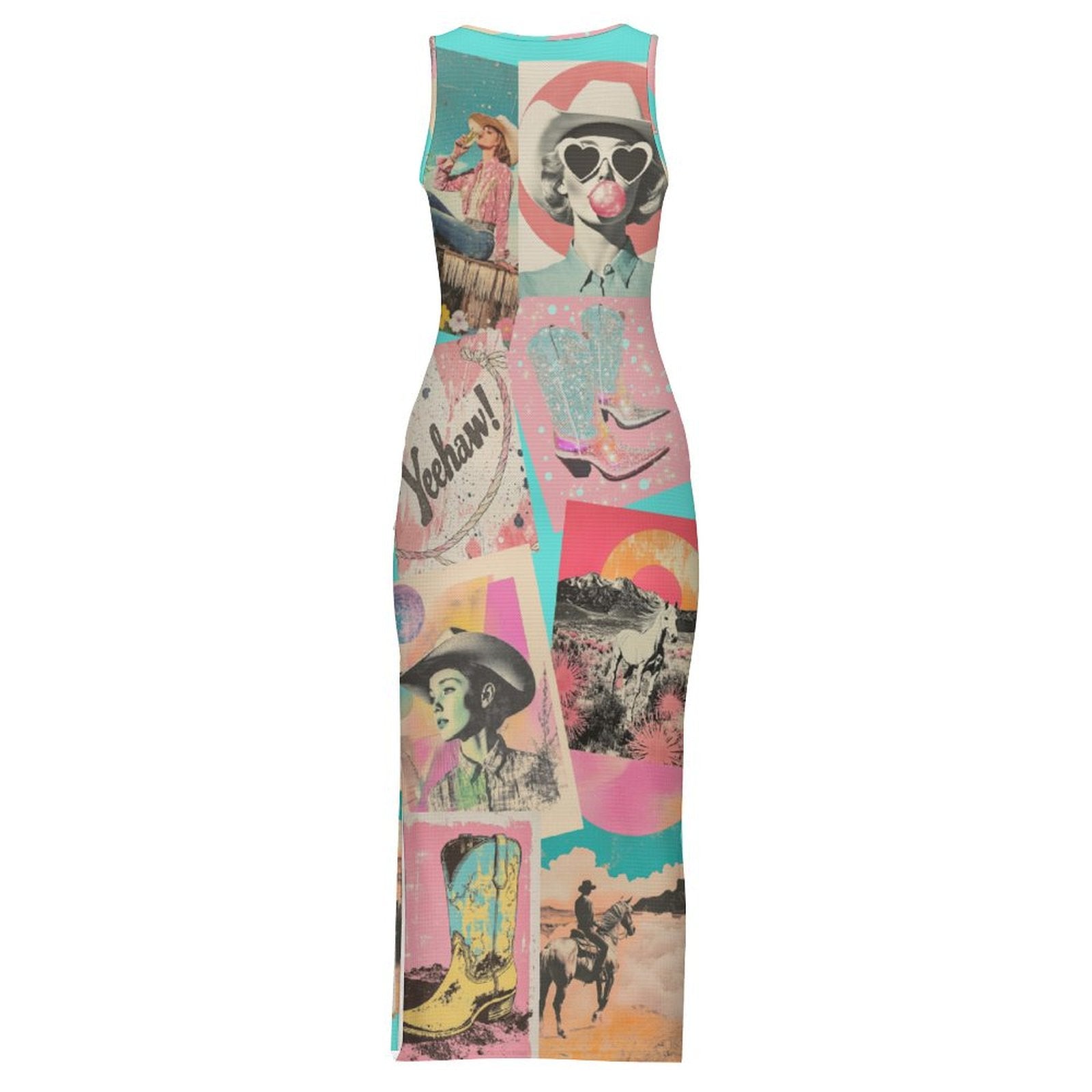 Baha Ranch Retro Pop Western Bodycon Side Slit Maxi Dress