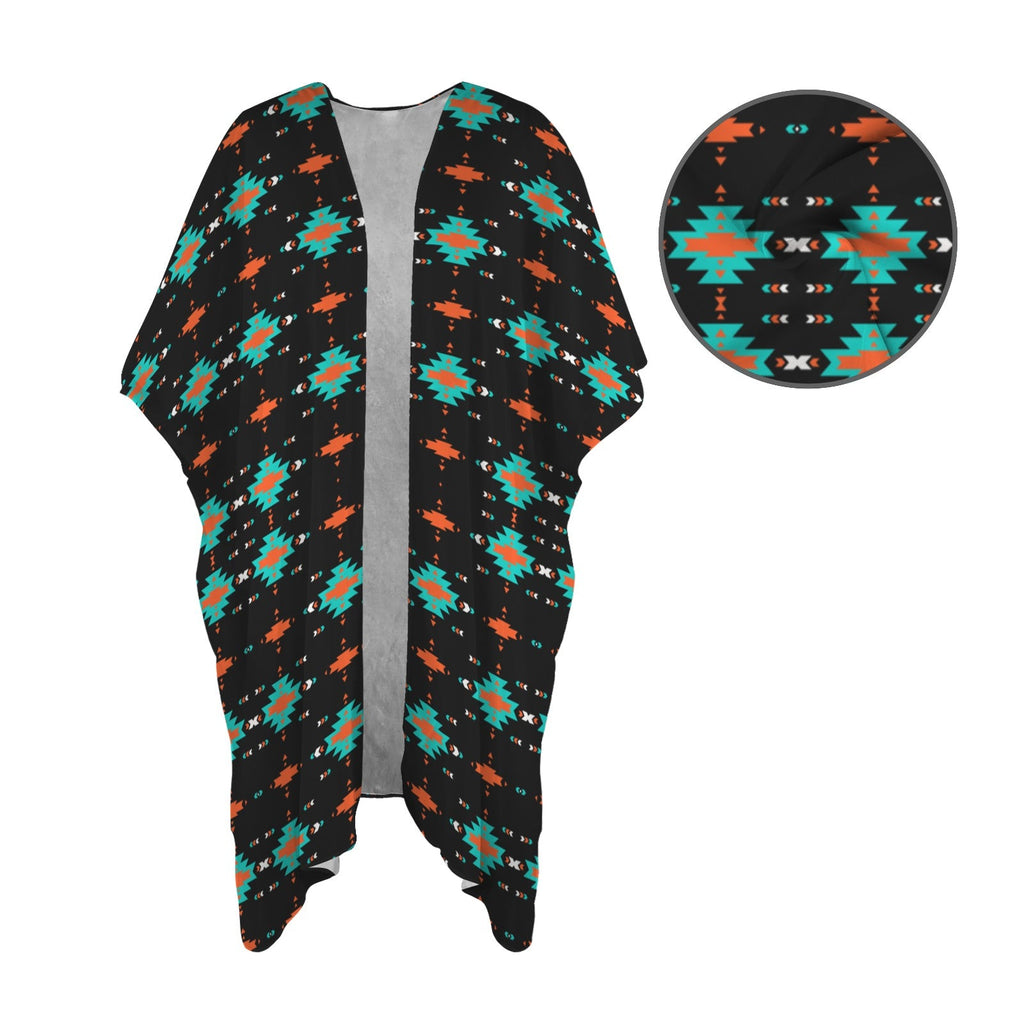 Black Turquoise Orange Aztec Duster Kimono Coverup