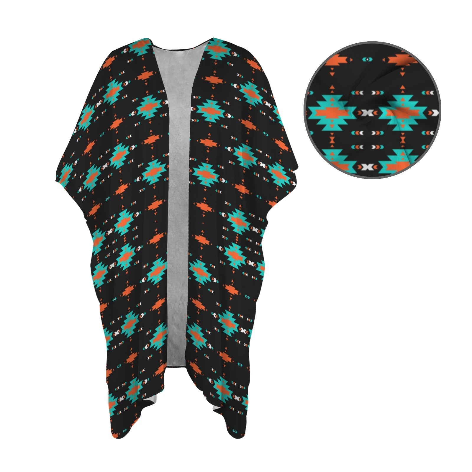 Black Turquoise Orange Aztec Duster Kimono Coverup