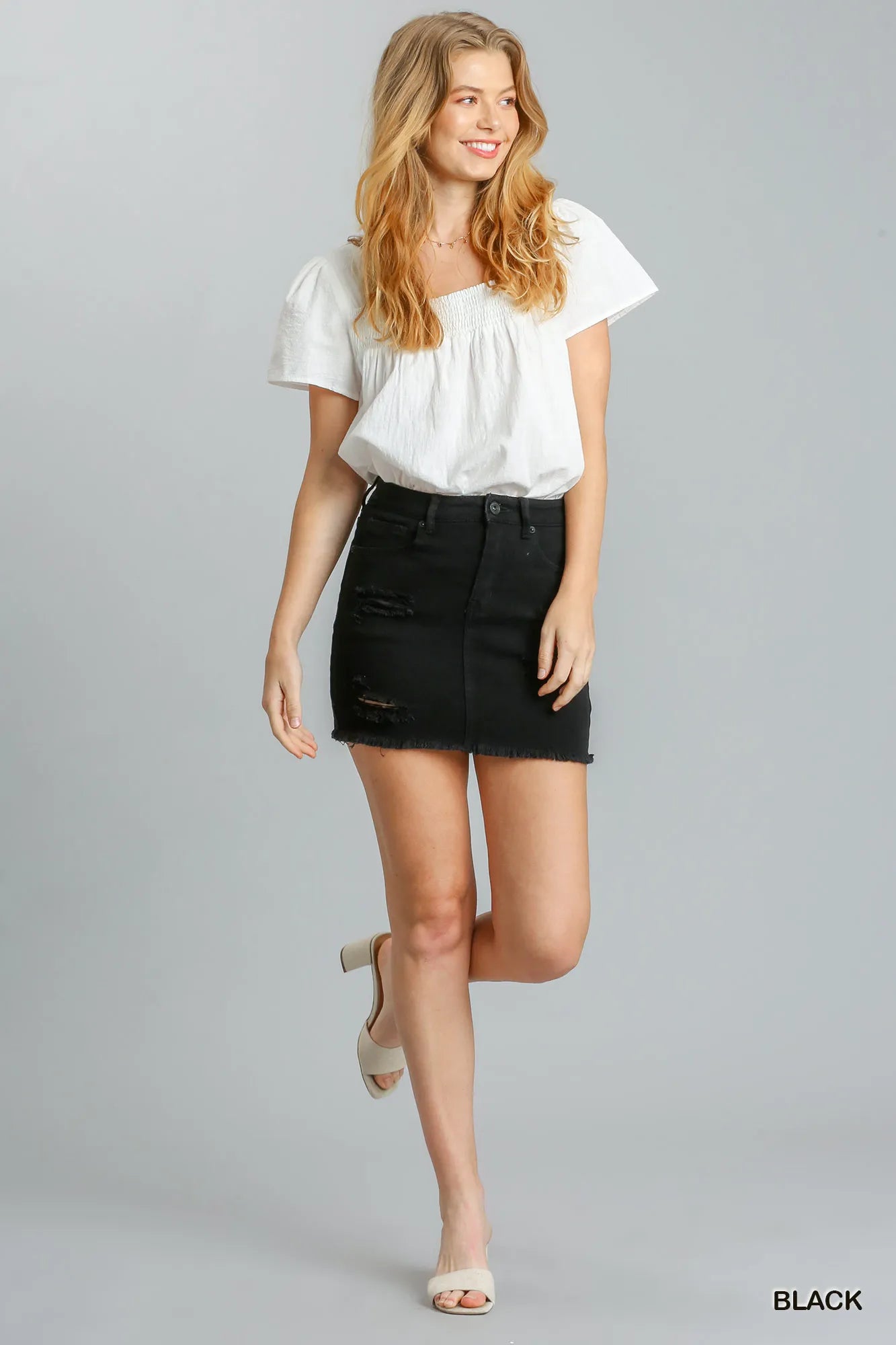 Garden Naked Umgee Distressed Raw Hem High Waist Denim Skirt