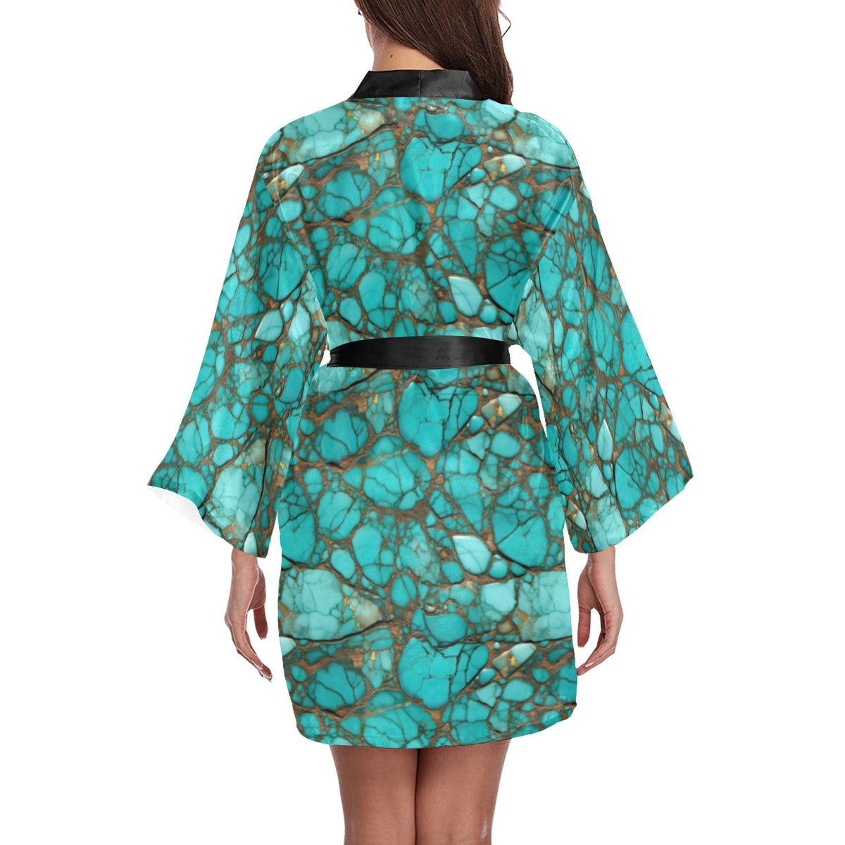All Turquoise Satin Kimono Sleeve Robe