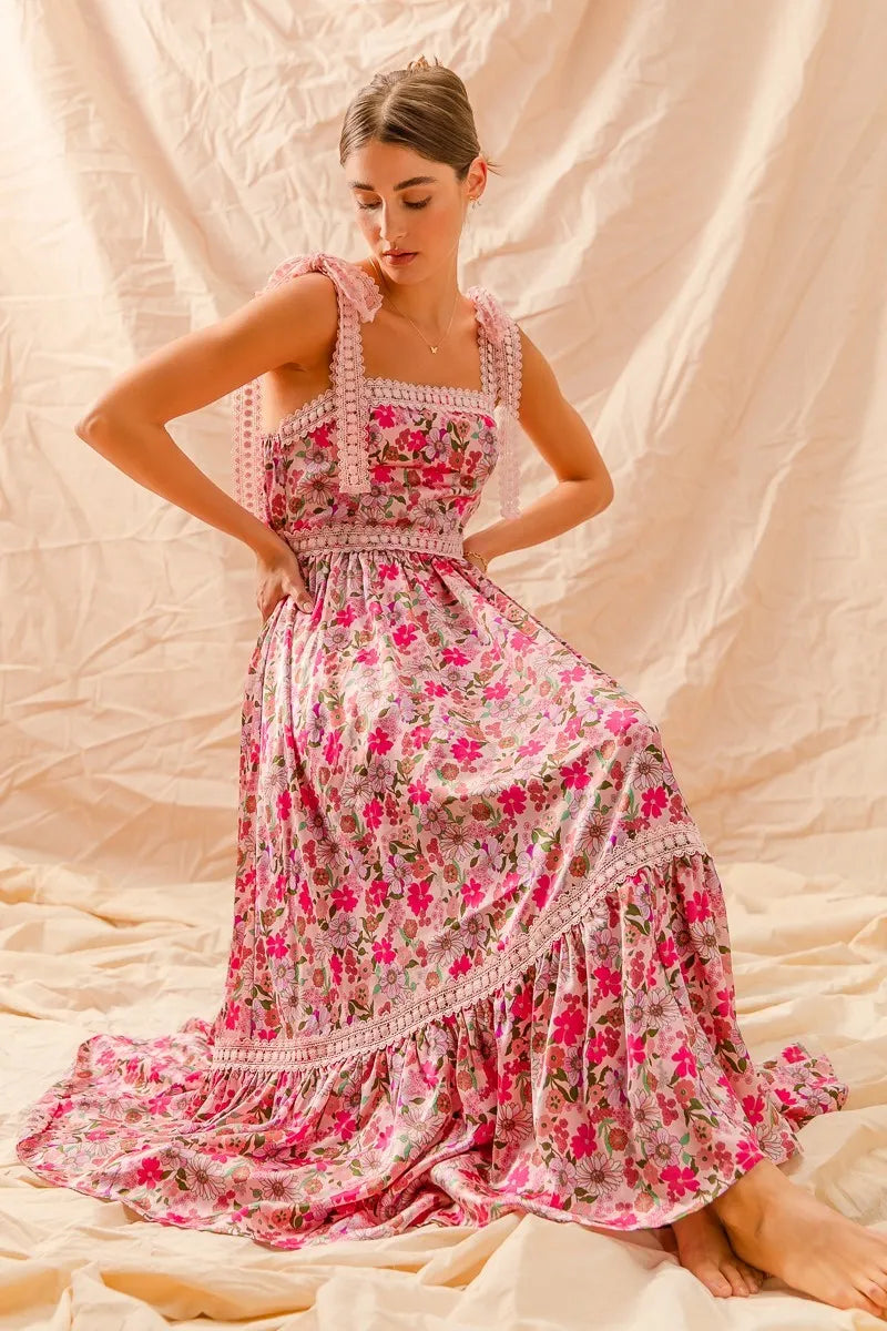 Garden Naked SO ME Floral Maxi Dress With Ribbon Tie Lace Strap