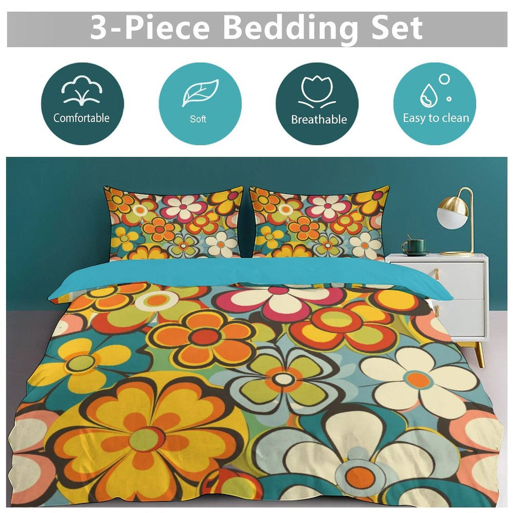 Groovy Floral Hippie Reversible 3-Piece Bedding Set (1 Duvet Cover + 2 Pillow Shams) – 102"×90"