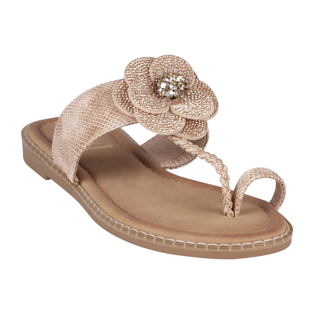 Women's Blossom Rose Gold Embellished Flower Toe Ring Flat Sandals